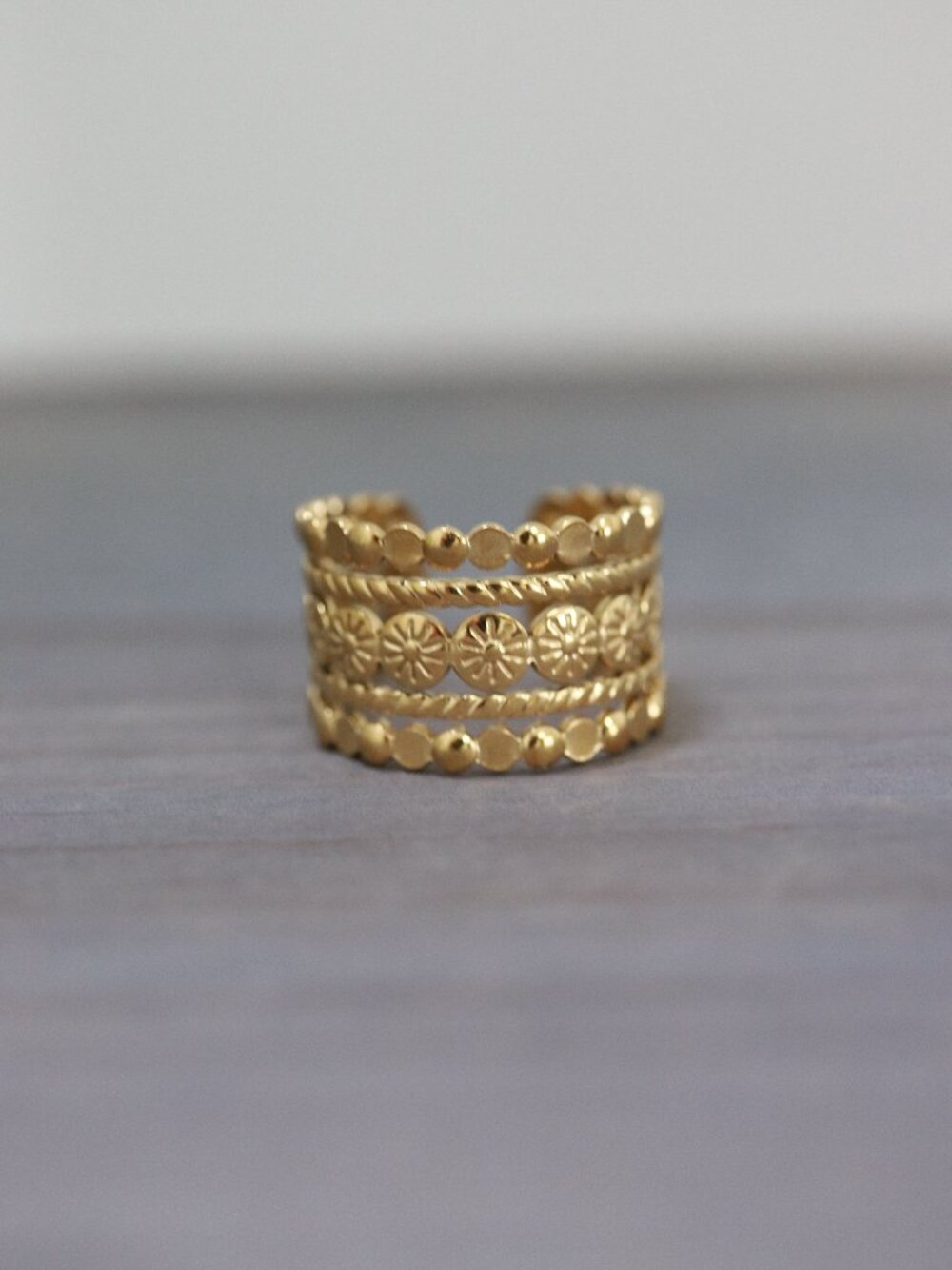 Beads & Coin Style Wide Cuff Ring 18k Gold Plated Stainless Steel